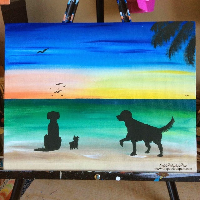 golden retrievers, yorkie, beach, ocean, sunset, sunrise, dogs, puppies, painting, acrylic painting