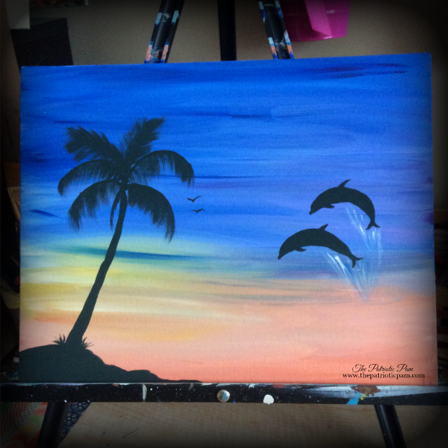 beach, ocean, dolphins, palm trees, sunrise, painting, acrylic painting