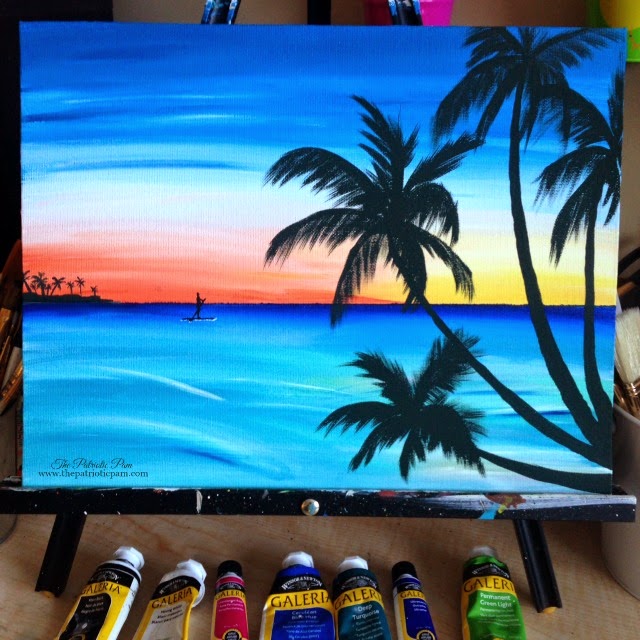 paddle boarders, sunset, beach, ocean, palm trees, acrylic painting, painting